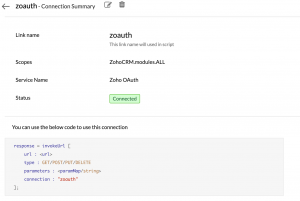 Zoho connection completion setup should show invoke url and connection name in 