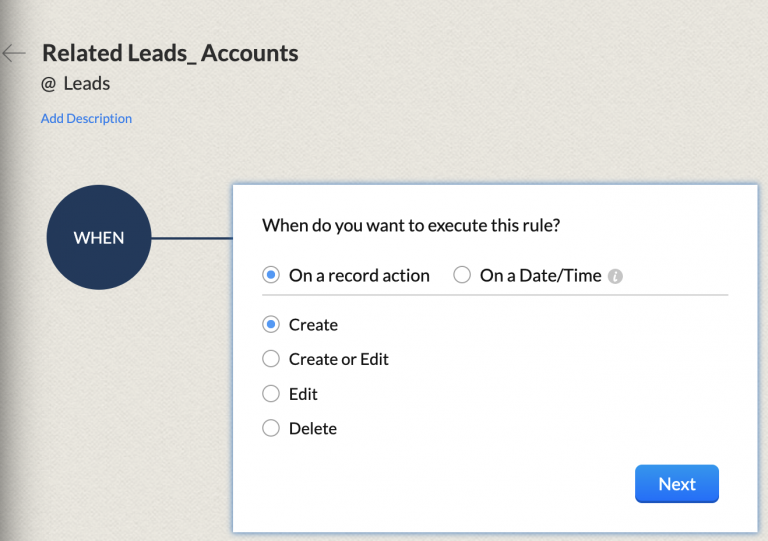On a record action Leads and accounts workflow - Zoho CRM