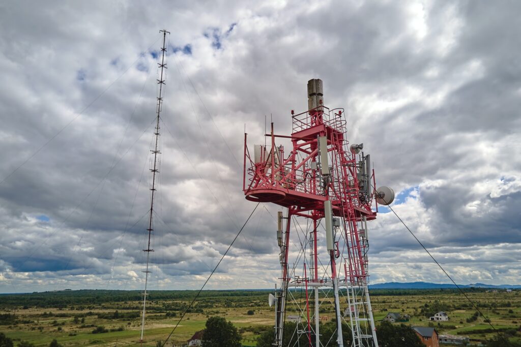 Aerial view of telecommunications cell phone tower