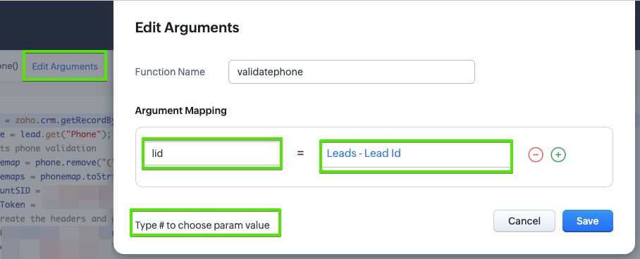 zoho deluge function editing arguments