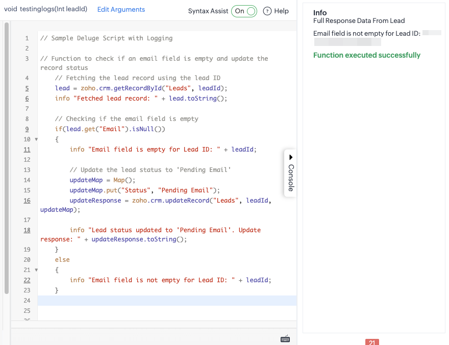 Zoho CRM Functions loging test