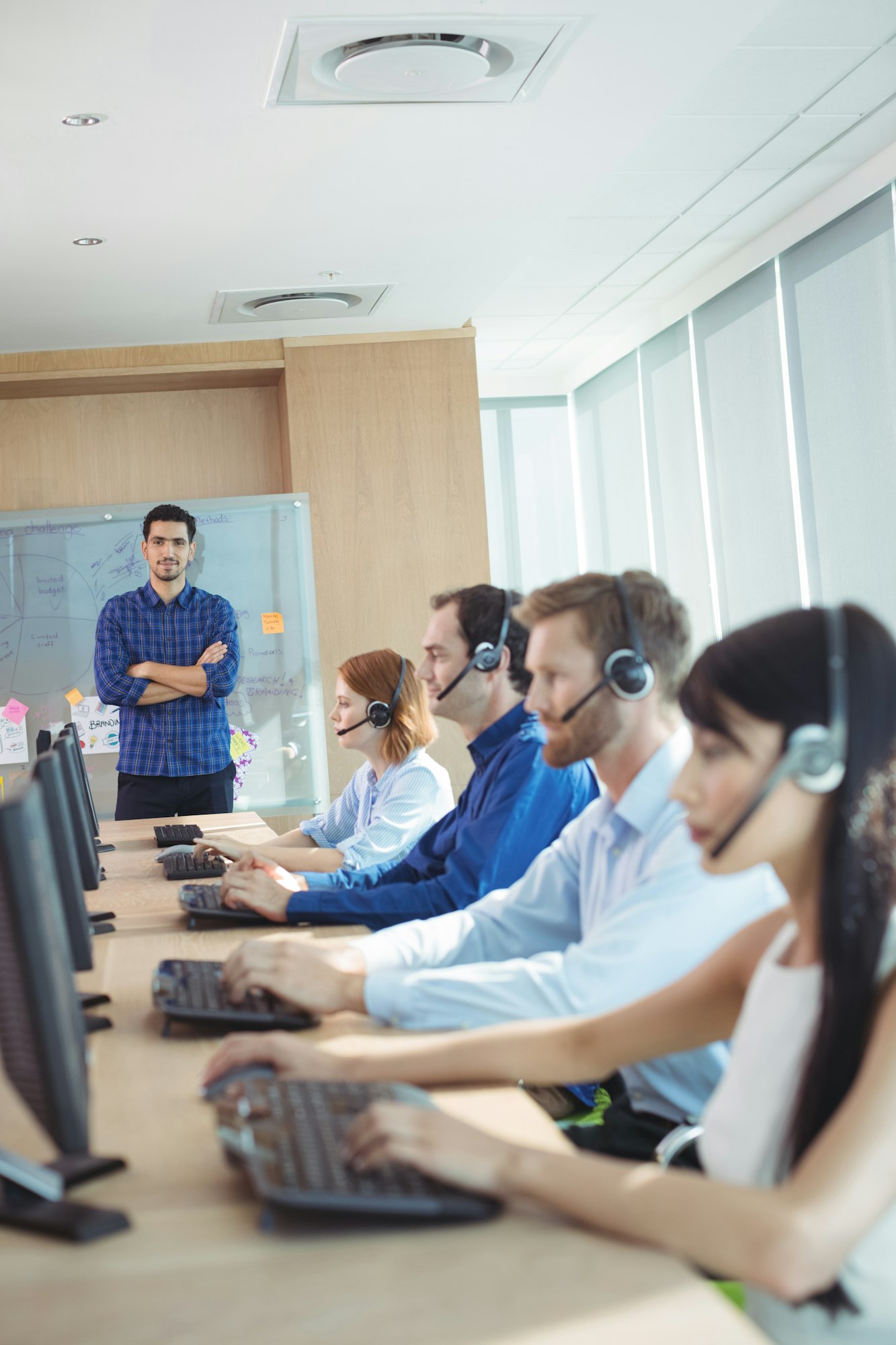 Supervisor with business team working at call center